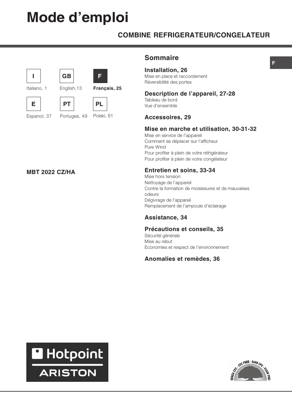 Mode demploi, Combine refrigerateur/congelateur, Sommaire | Ariston MBT 2022 HA User Manual | Page 25 / 72