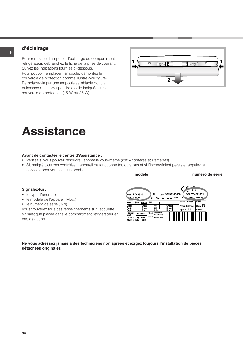 Assistance, Déclairage | Ariston MBT 2022 HA User Manual | Page 34 / 72