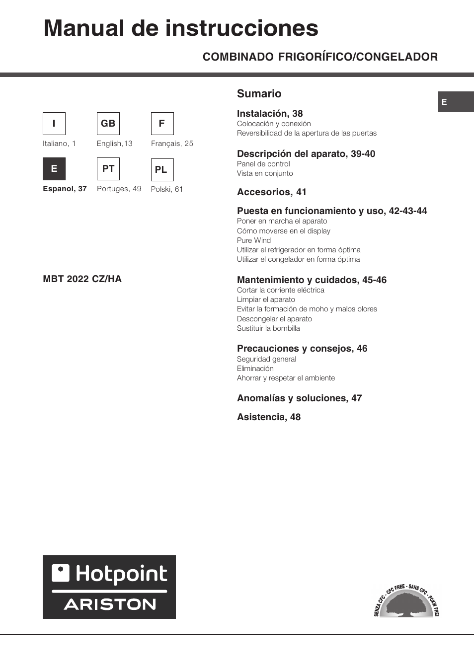 Manual de instrucciones, Combinado frigorífico/congelador, Sumario | Ariston MBT 2022 HA User Manual | Page 37 / 72