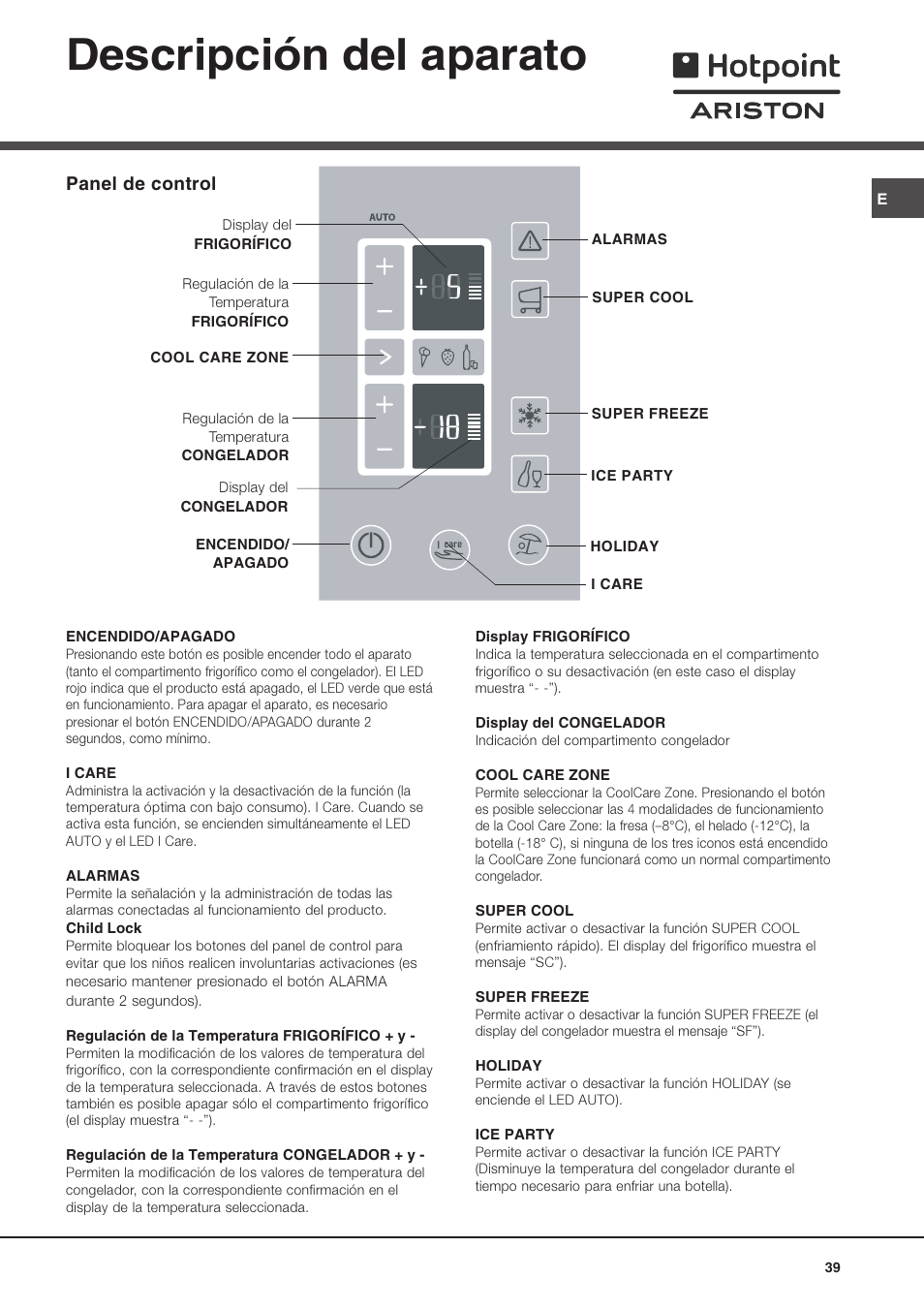 Descripción del aparato, Panel de control | Ariston MBT 2022 HA User Manual | Page 39 / 72