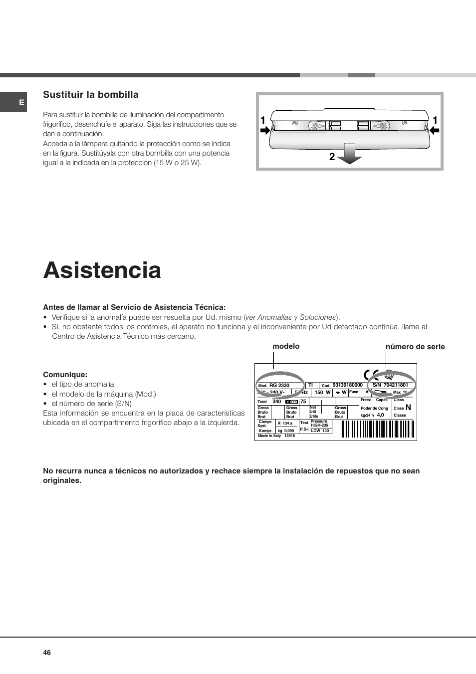 Asistencia, Sustituir la bombilla | Ariston MBT 2022 HA User Manual | Page 46 / 72