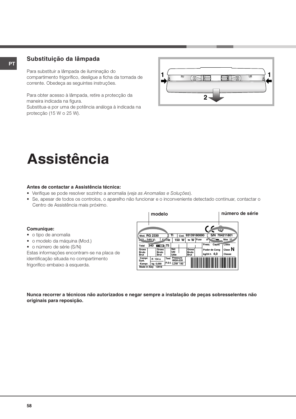 Assistência, Substituição da lâmpada | Ariston MBT 2022 HA User Manual | Page 58 / 72