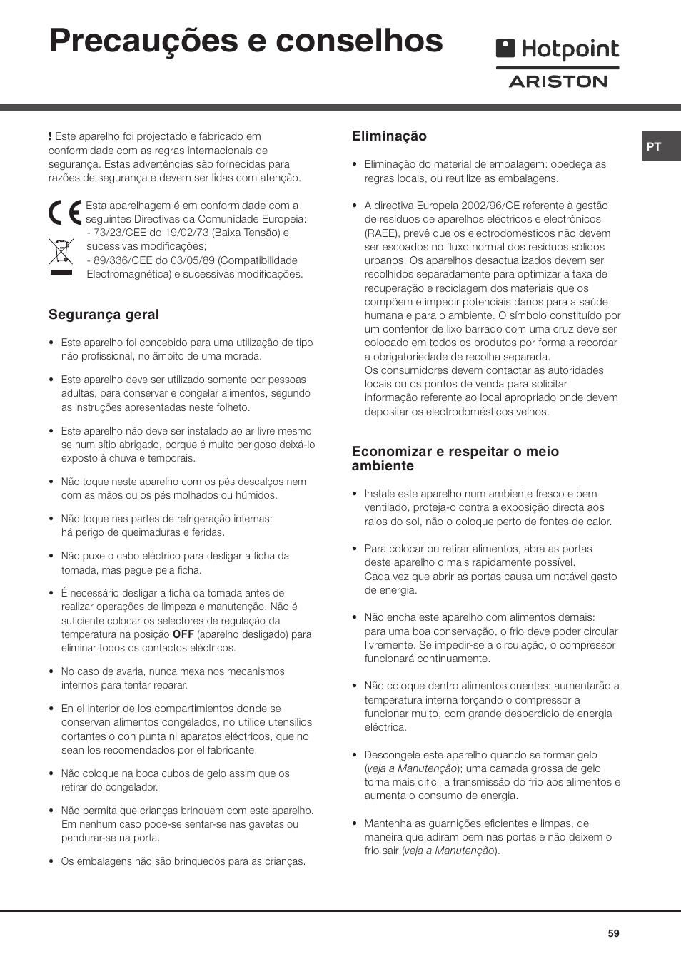 Precauções e conselhos, Segurança geral, Eliminação | Economizar e respeitar o meio ambiente | Ariston MBT 2022 HA User Manual | Page 59 / 72