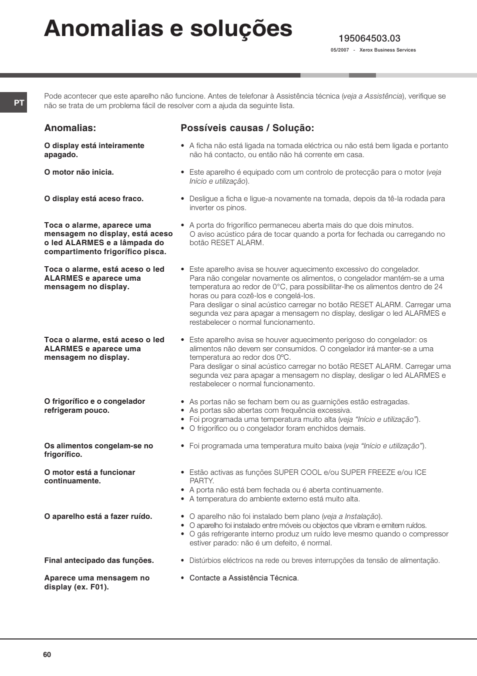 Anomalias e soluções, Anomalias, Possíveis causas / solução | Ariston MBT 2022 HA User Manual | Page 60 / 72