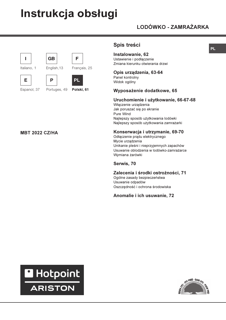 Instrukcja obs³ugi, Lodówko - zamra¯arka, Spis treci | Ariston MBT 2022 HA User Manual | Page 61 / 72