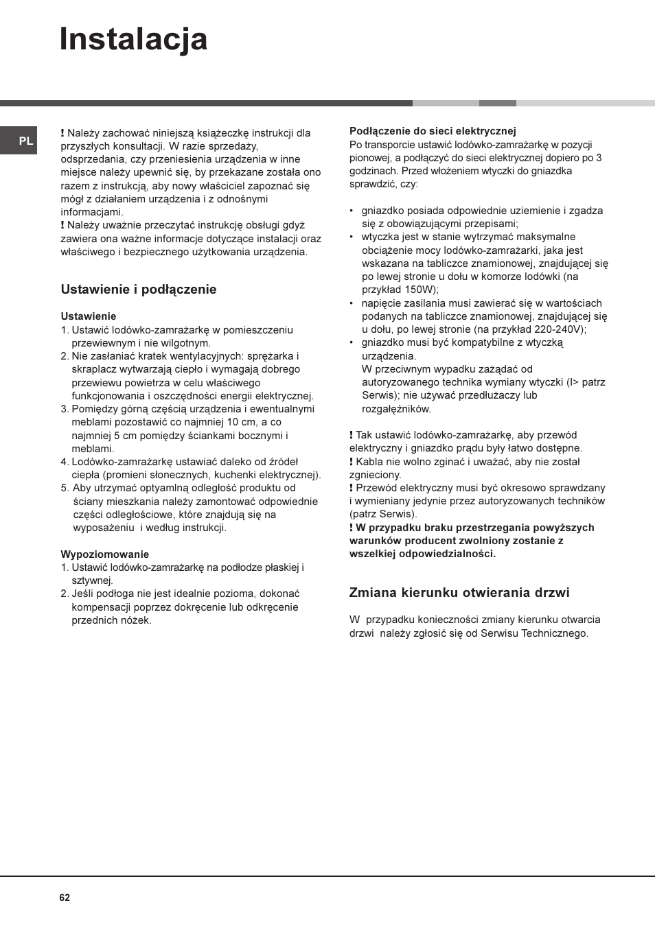 Instalacja, Ustawienie i pod³¹czenie, Zmiana kierunku otwierania drzwi | Ariston MBT 2022 HA User Manual | Page 62 / 72