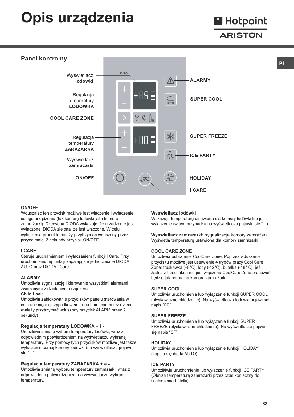 Opis urz¹dzenia, Panel kontrolny | Ariston MBT 2022 HA User Manual | Page 63 / 72