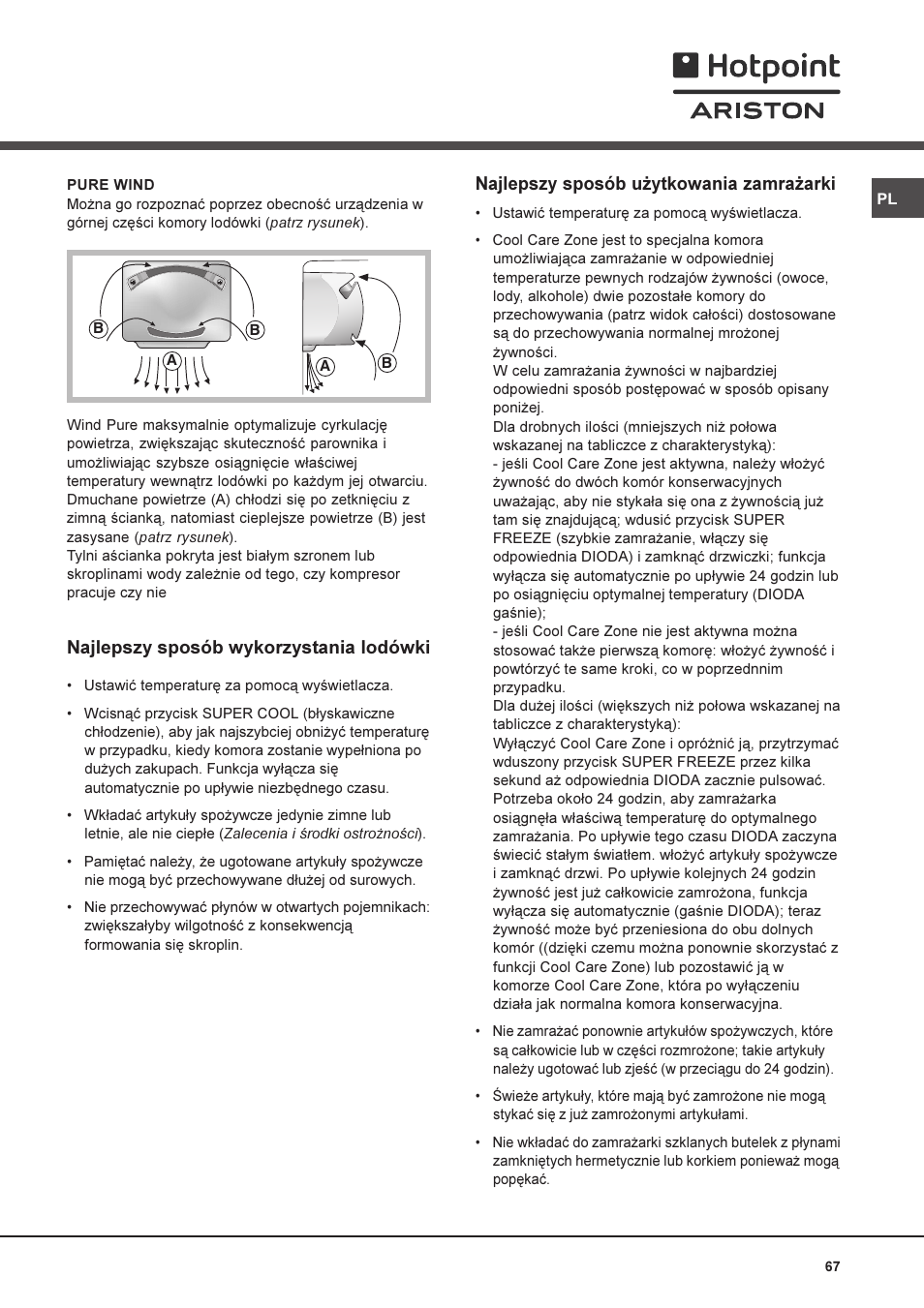 Najlepszy sposób wykorzystania lodówki, Najlepszy sposób u¿ytkowania zamra¿arki | Ariston MBT 2022 HA User Manual | Page 67 / 72