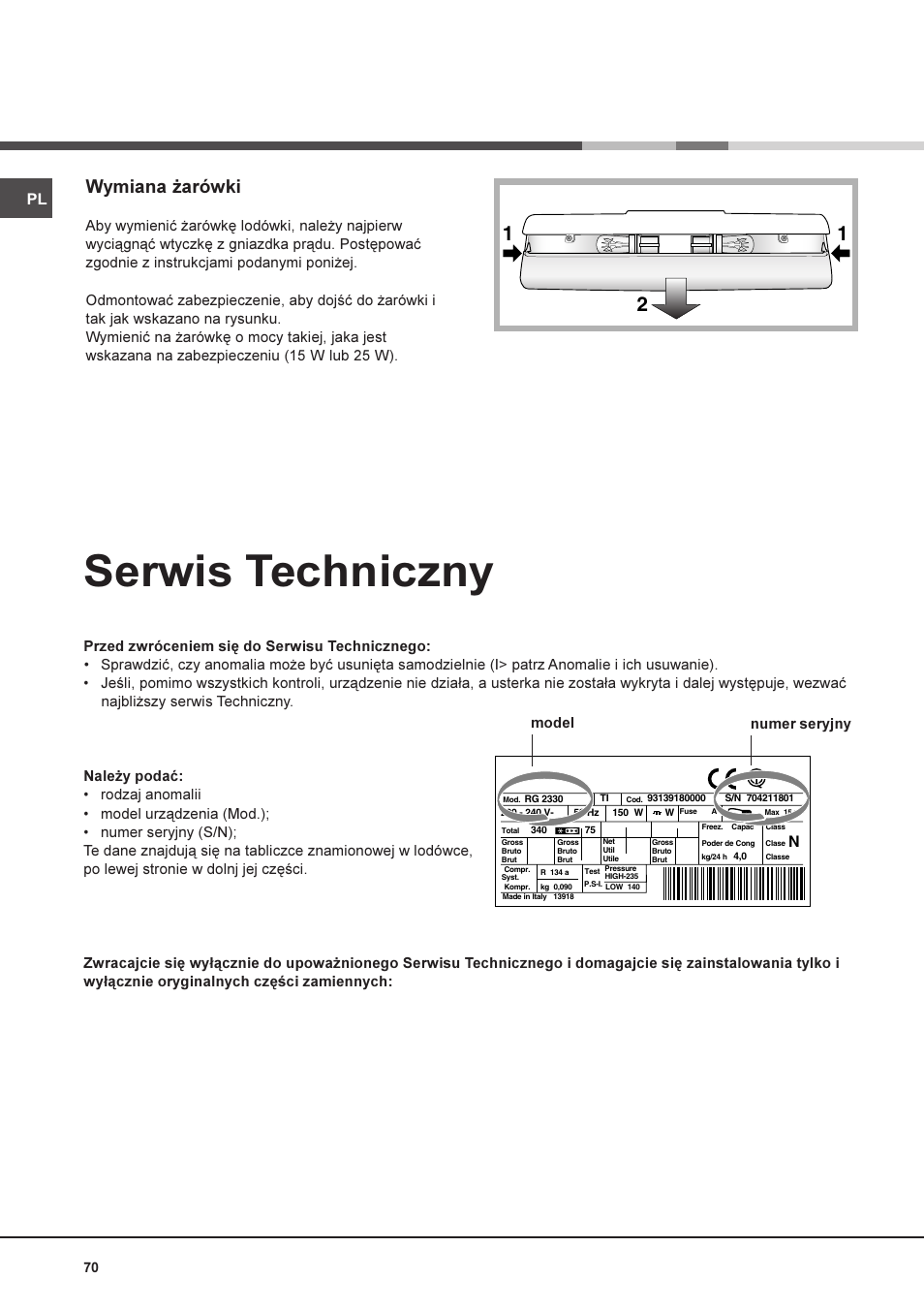 Serwis techniczny, Wymiana ¿arówki | Ariston MBT 2022 HA User Manual | Page 70 / 72