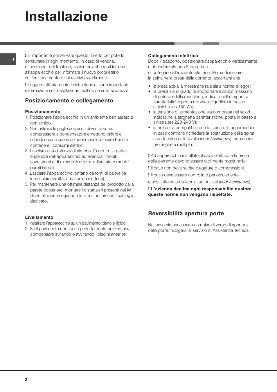 Installazione | Ariston MBT 1911 FI/HA User Manual | Page 2 / 72