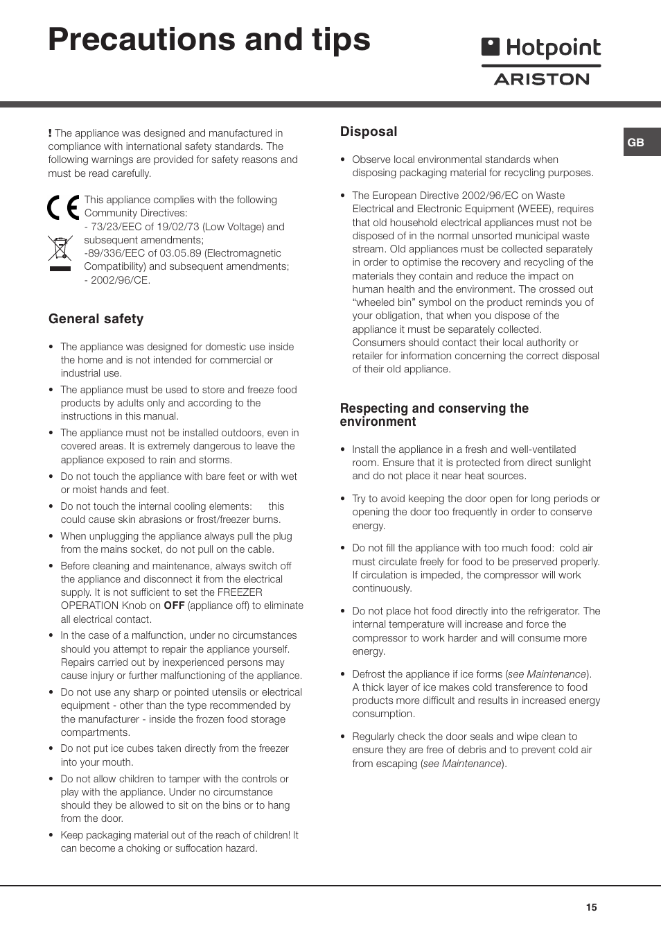 Precautions and tips, General safety, Disposal | Respecting and conserving the environment | Ariston MTM 1901 User Manual | Page 15 / 32