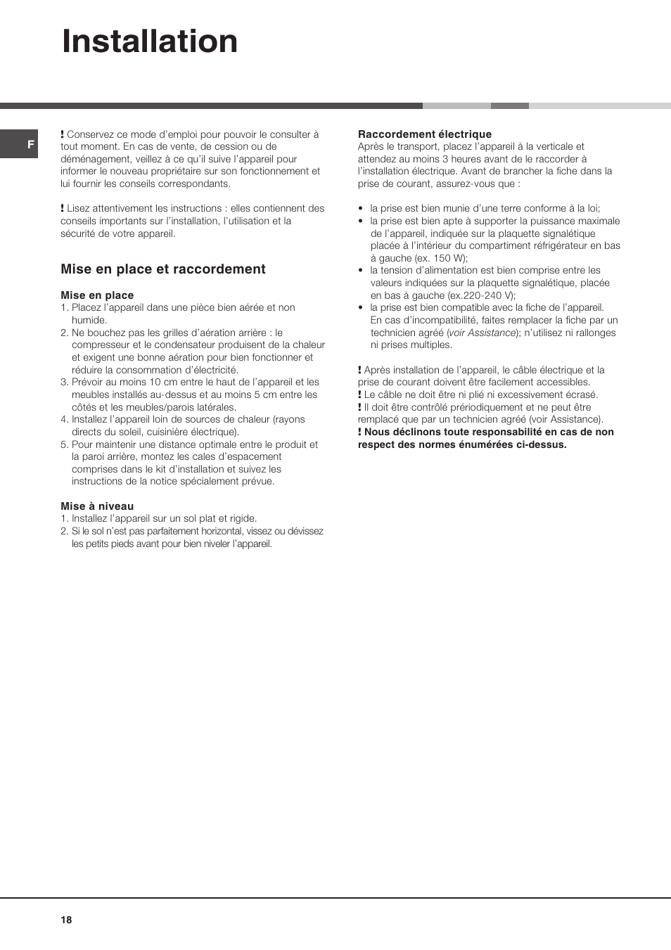 Installation, Mise en place et raccordement | Ariston MTM 1901 User Manual | Page 18 / 32