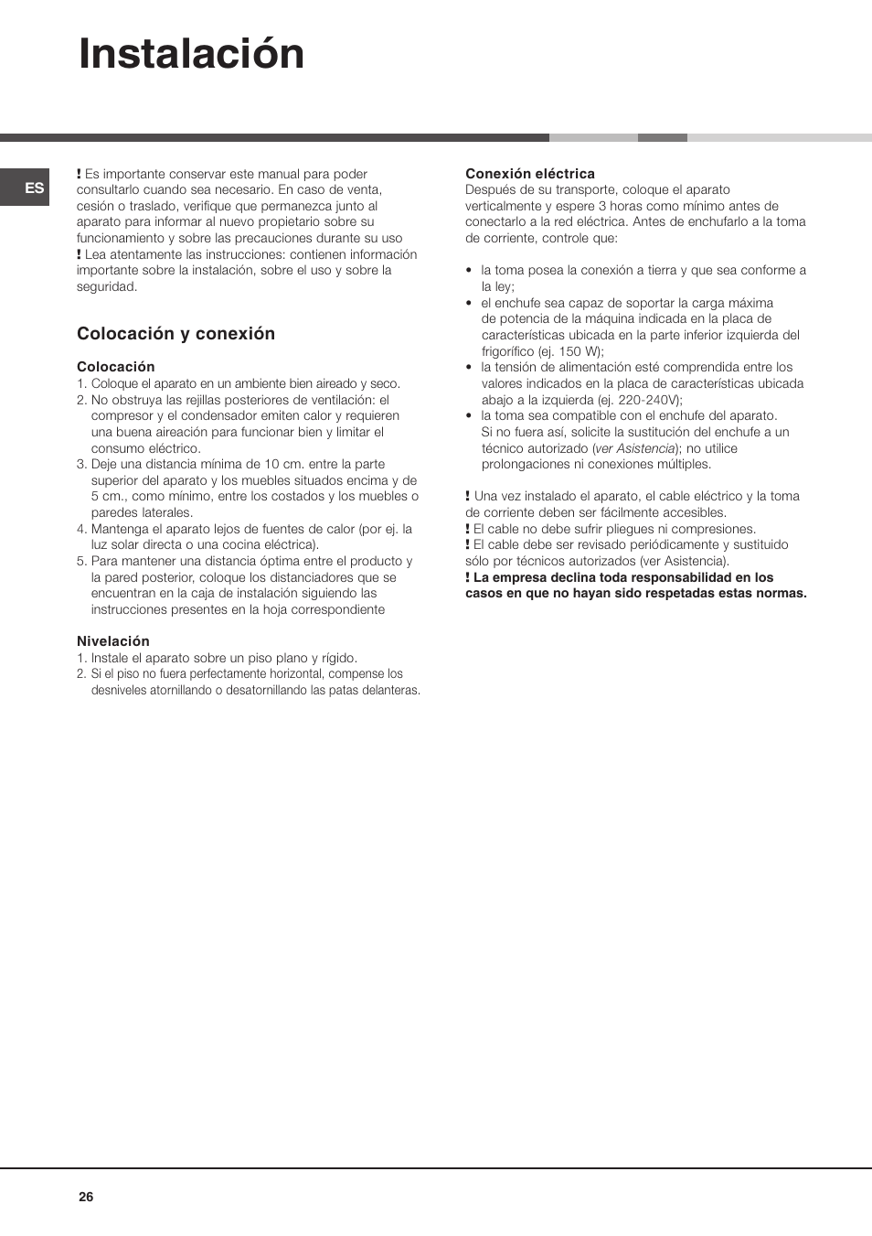 Instalación, Colocación y conexión | Ariston MTM 1901 User Manual | Page 26 / 32