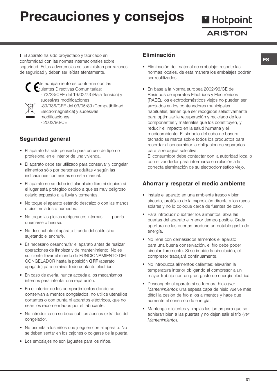 Precauciones y consejos, Seguridad general, Eliminación | Ahorrar y respetar el medio ambiente | Ariston MTM 1901 User Manual | Page 31 / 32