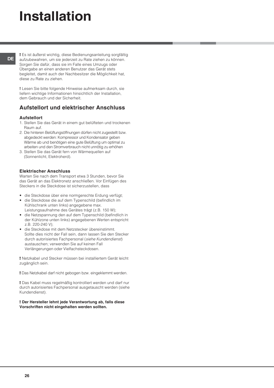 Installation, Aufstellort und elektrischer anschluss | Ariston BD 2421 User Manual | Page 26 / 48