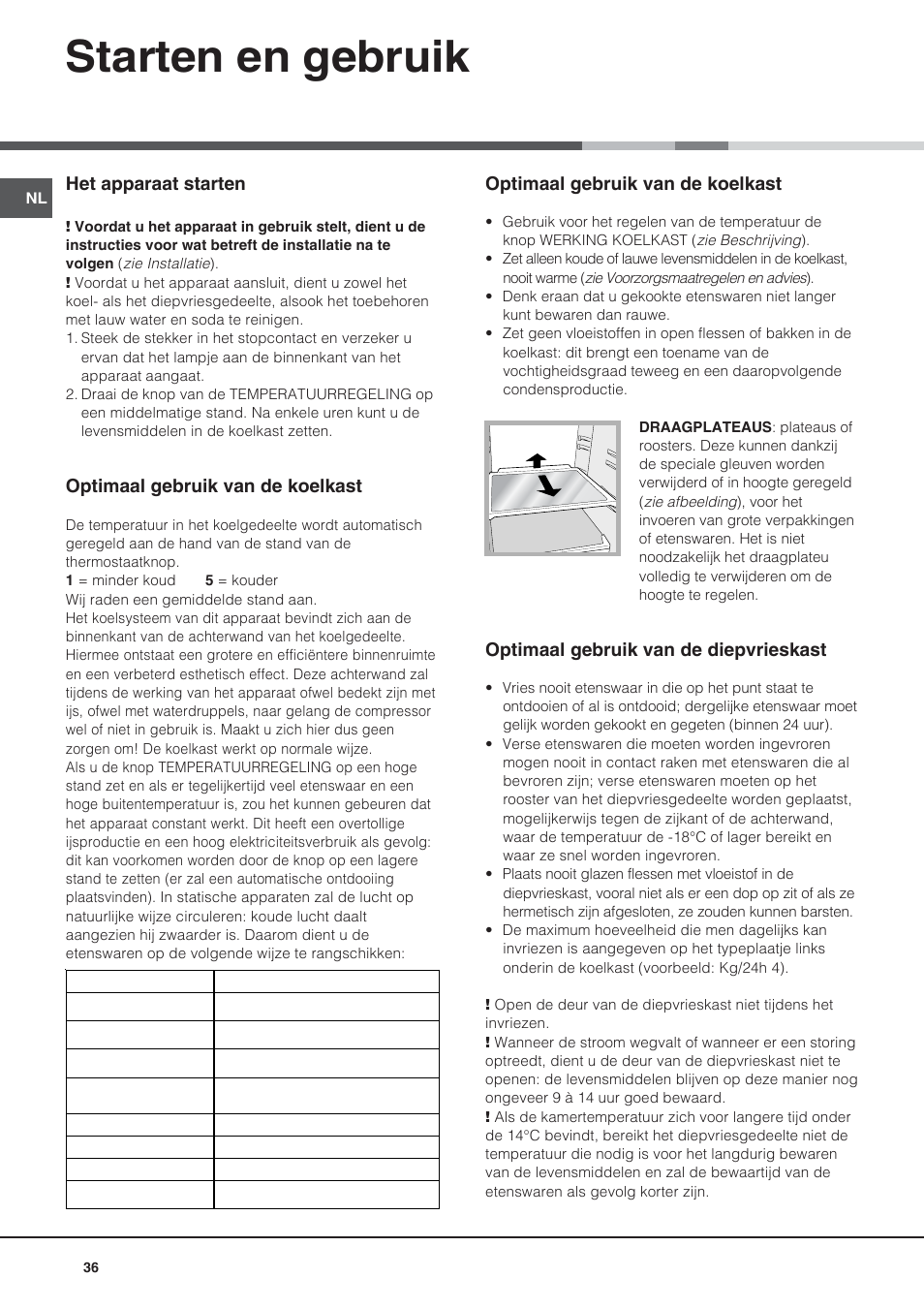 Starten en gebruik, Het apparaat starten, Optimaal gebruik van de koelkast | Optimaal gebruik van de diepvrieskast | Ariston BD 2421 User Manual | Page 36 / 48