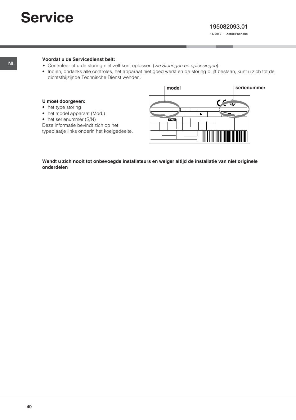 Service, Model serienummer | Ariston BD 2421 User Manual | Page 40 / 48