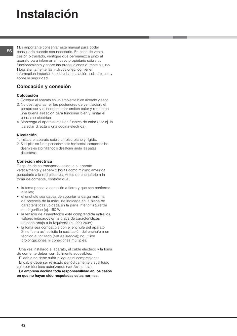 Instalación, Colocación y conexión | Ariston BD 2421 User Manual | Page 42 / 48