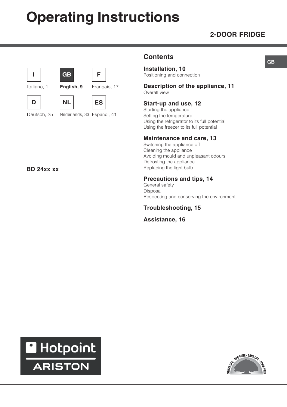 82093gb, Operating instructions, Door fridge contents | Ariston BD 2421 User Manual | Page 9 / 48