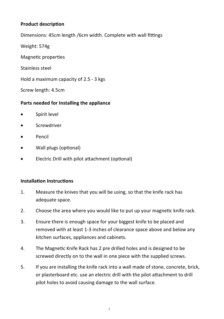 Andrew James AJ000254 Professional Magnetic Knife Storage Rack User Manual | Page 2 / 4