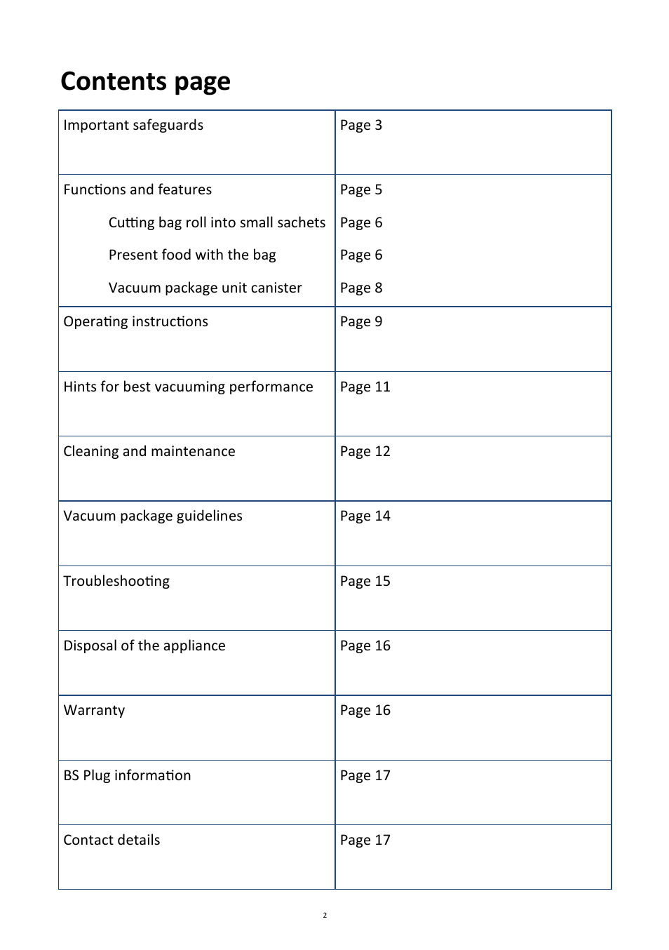 Contents page | Andrew James AJ000165 Professional Vacuum Food Sealer User Manual | Page 2 / 18