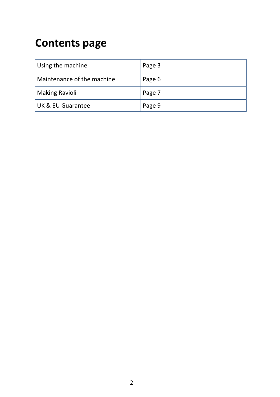 Contents page | Andrew James AJ000135 Pasta Maker User Manual | Page 2 / 9