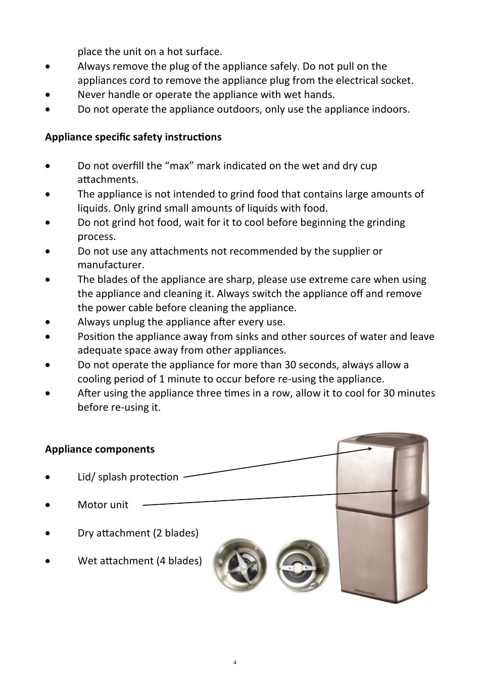 Andrew James AJ000511 Wet and Dry Grinder User Manual | Page 4 / 9