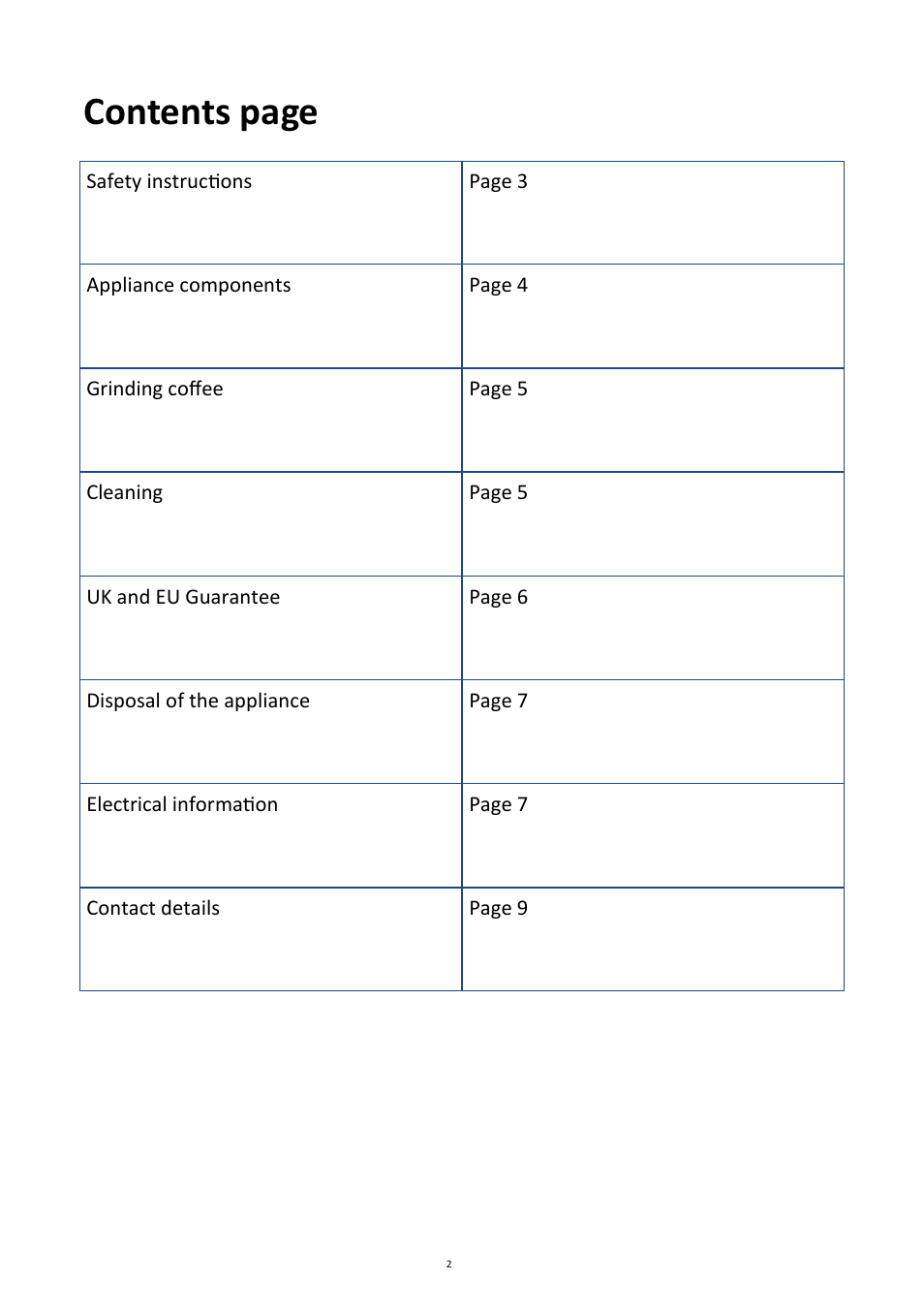 Contents page | Andrew James AJ000026 Coffee Grinder User Manual | Page 2 / 8