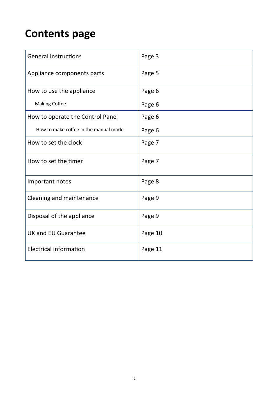 Contents page | Andrew James AJ000002 1100W Automatic Filter Coffee Machine User Manual | Page 2 / 12