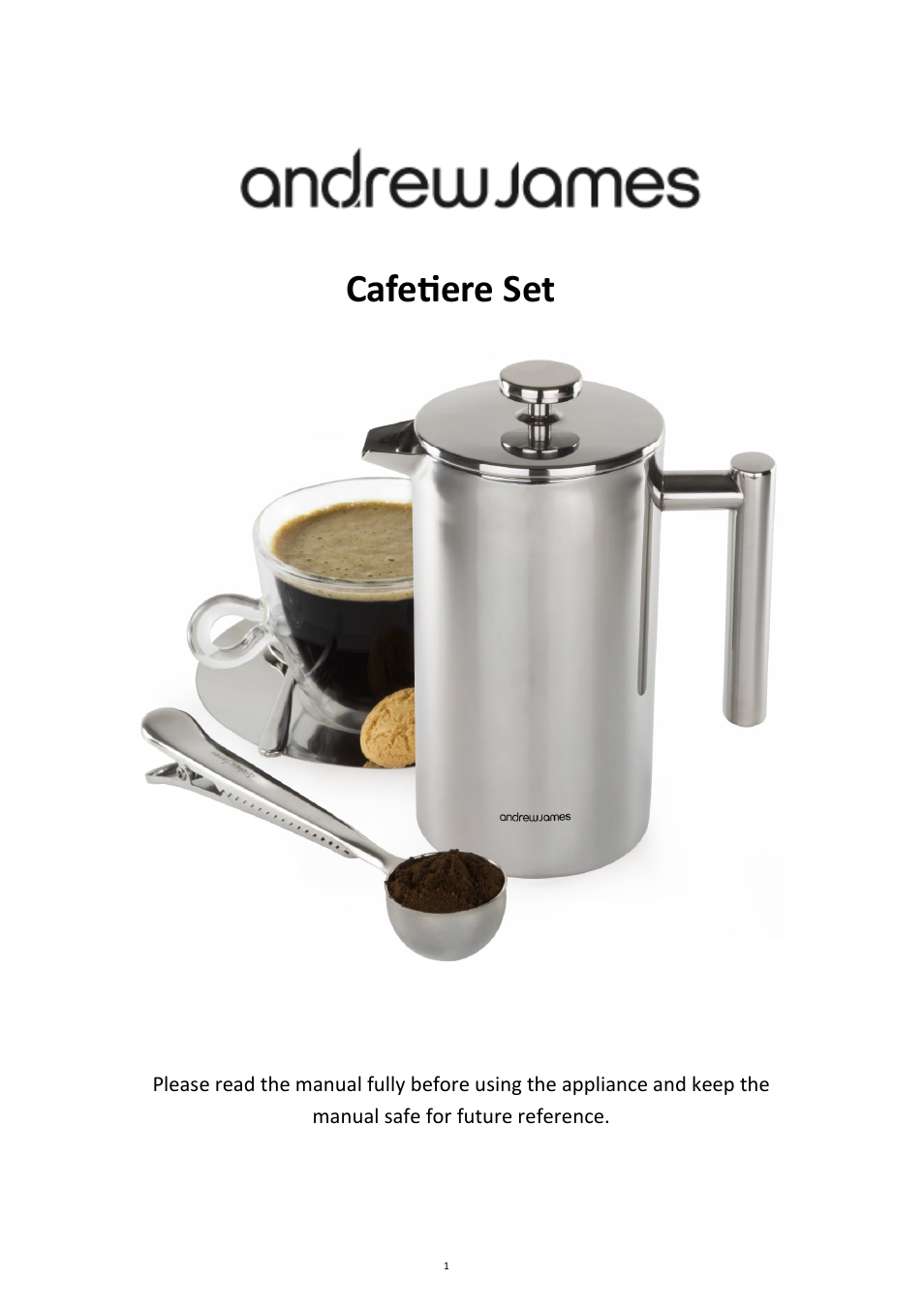 Andrew James AJ000351 1000ml Cafetiere and Measuring Spoon User Manual | 3 pages