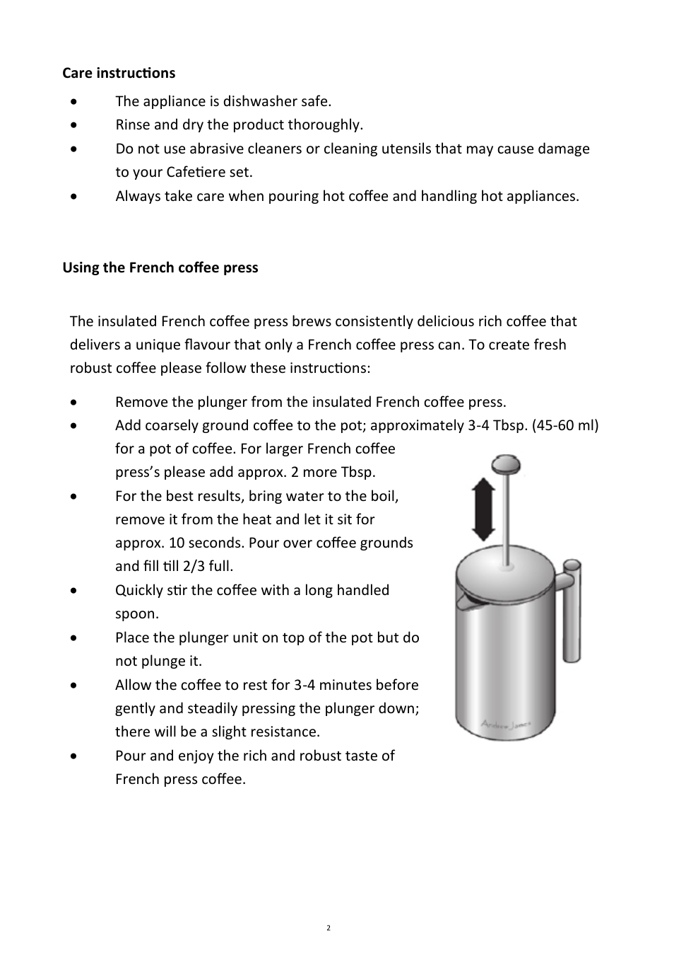 Andrew James AJ000351 1000ml Cafetiere and Measuring Spoon User Manual | Page 2 / 3