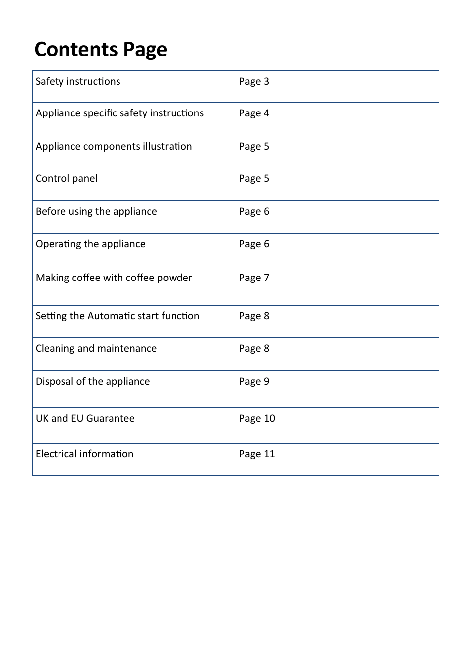 Contents page | Andrew James AJ000575 Premium Filter Coffee Maker with Grinder User Manual | Page 2 / 12