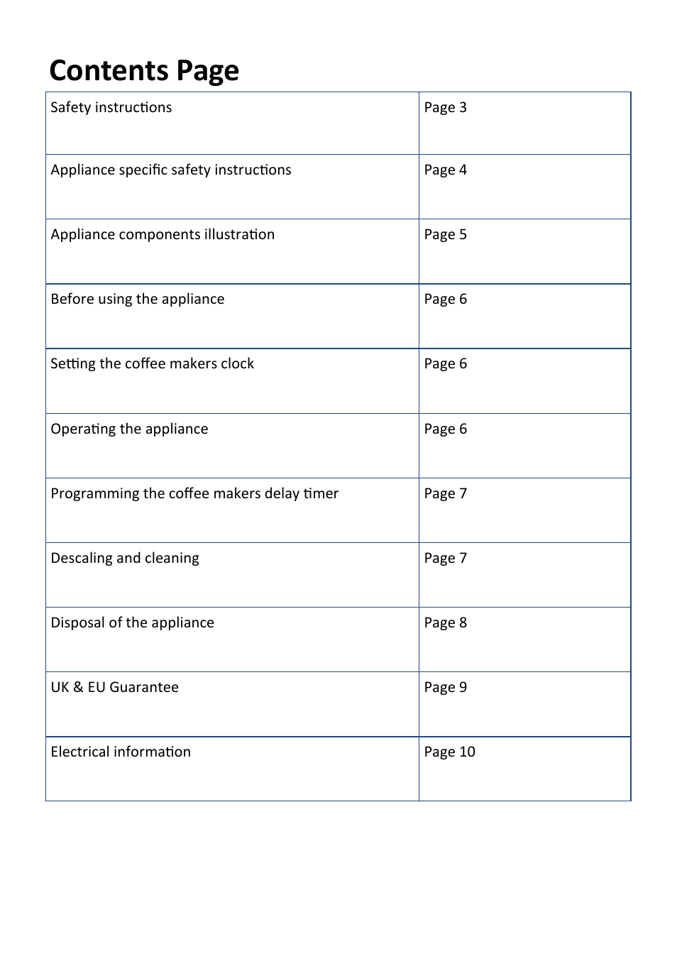 Contents page | Andrew James AJ000564 1000W Automatic Filter Coffee Machine User Manual | Page 2 / 11