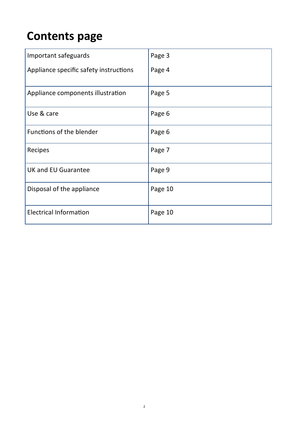 Contents page | Andrew James AJ000482 Blender User Manual | Page 2 / 11