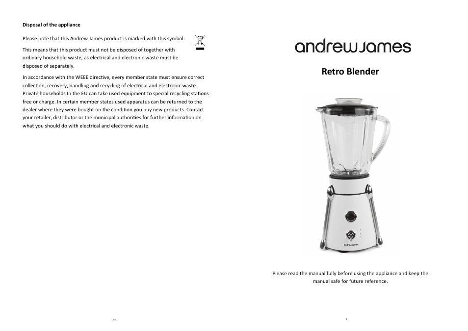 Andrew James AJ000475 Retro Blender User Manual | 6 pages