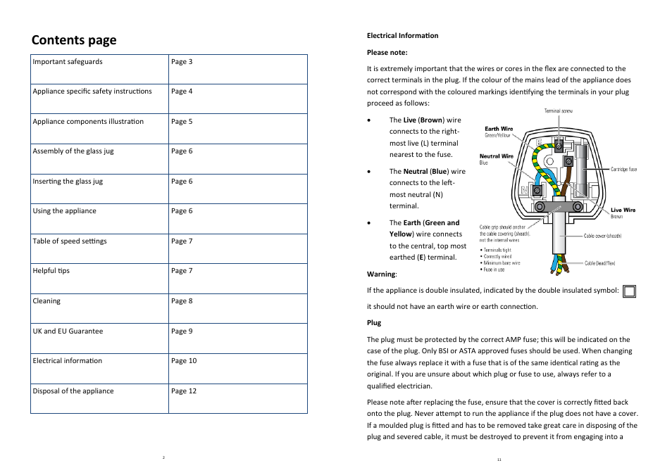 Contents page | Andrew James AJ000475 Retro Blender User Manual | Page 2 / 6