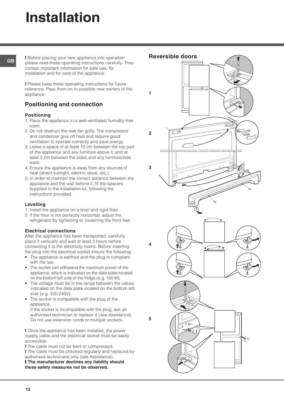 Installation, Positioning and connection, Reversible doors | Ariston BMBL 2022 User Manual | Page 12 / 52