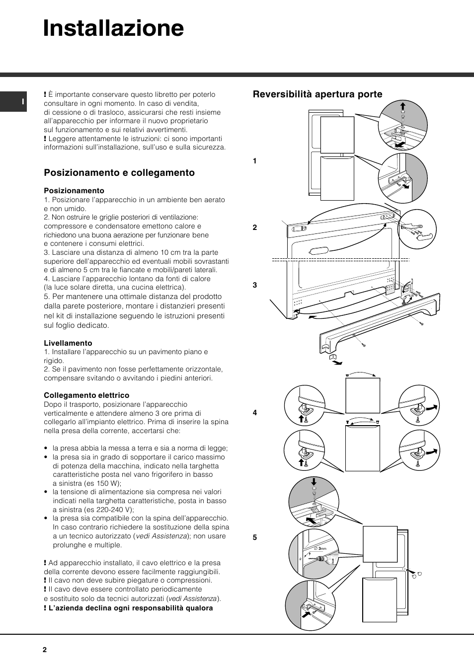 Installazione, Posizionamento e collegamento, Reversibilità apertura porte | Ariston BMBL 2022 User Manual | Page 2 / 52