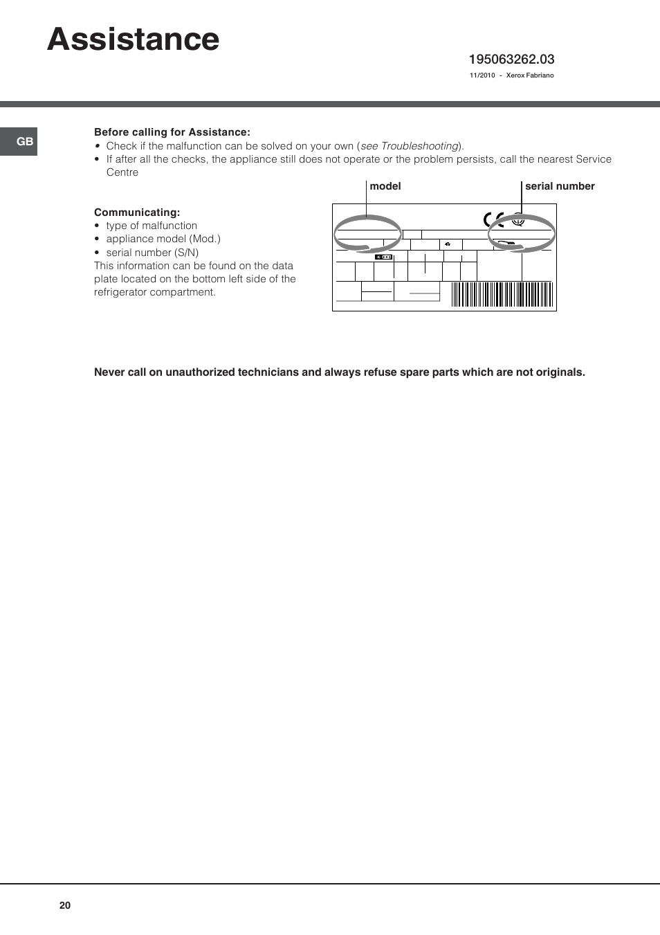 Assistance, Model serial number | Ariston BMBL 2022 User Manual | Page 20 / 52