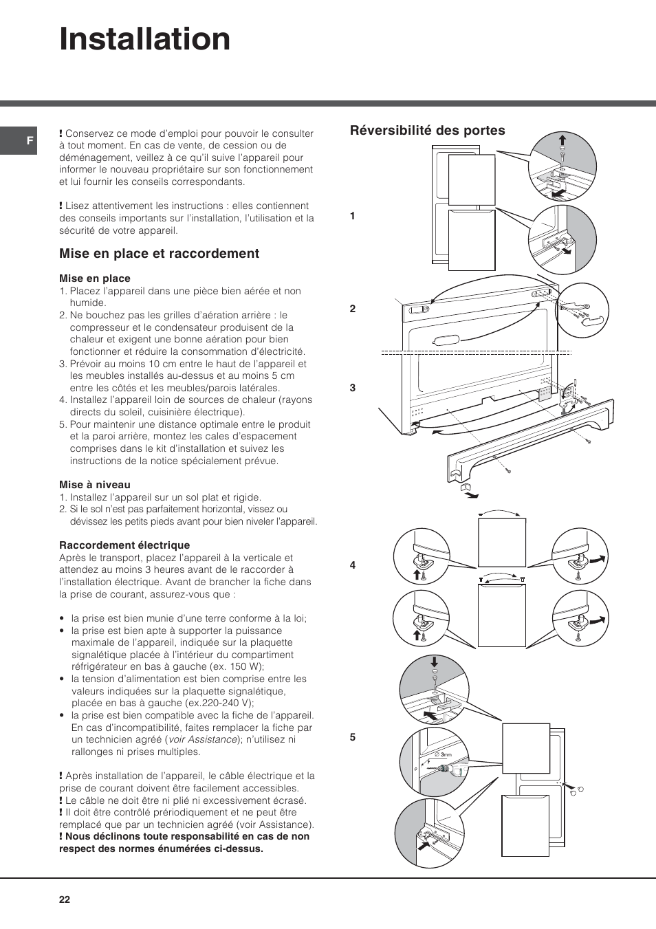 Installation, Mise en place et raccordement, Réversibilité des portes | Ariston BMBL 2022 User Manual | Page 22 / 52
