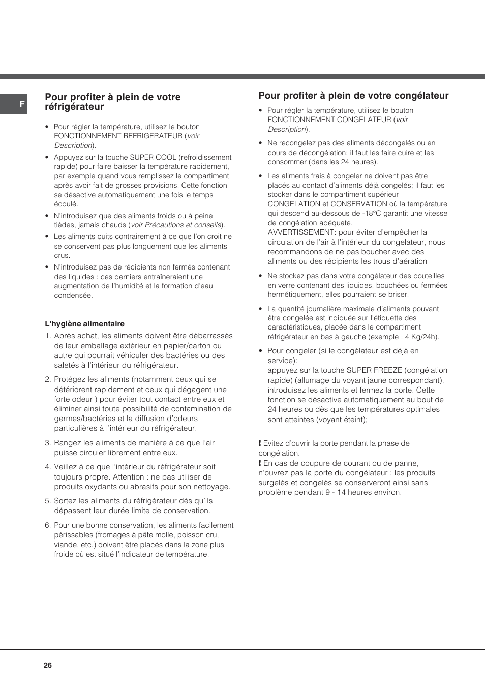 Pour profiter à plein de votre congélateur, Pour profiter à plein de votre réfrigérateur | Ariston BMBL 2022 User Manual | Page 26 / 52