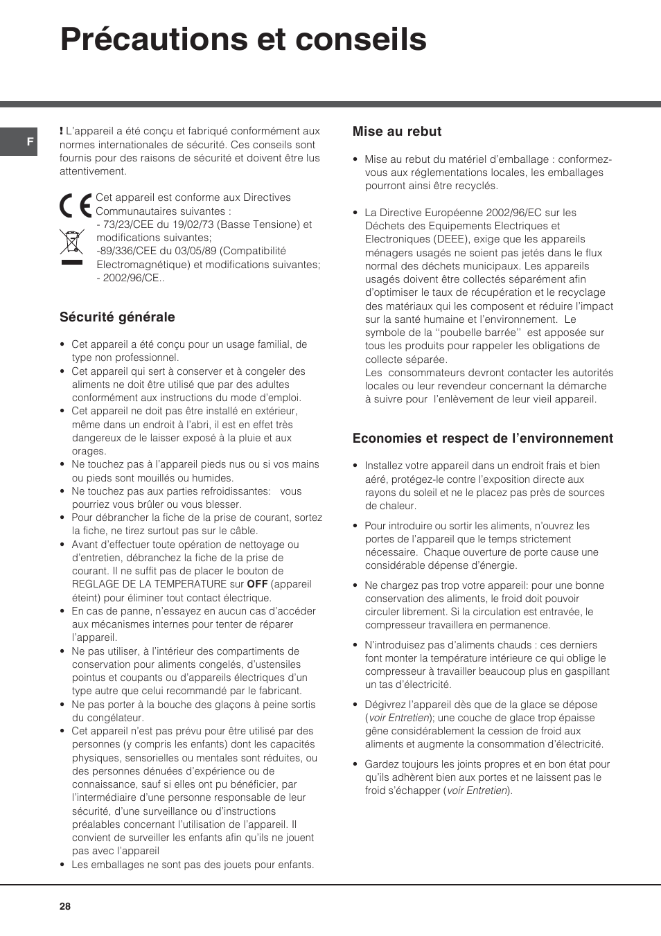 Précautions et conseils | Ariston BMBL 2022 User Manual | Page 28 / 52
