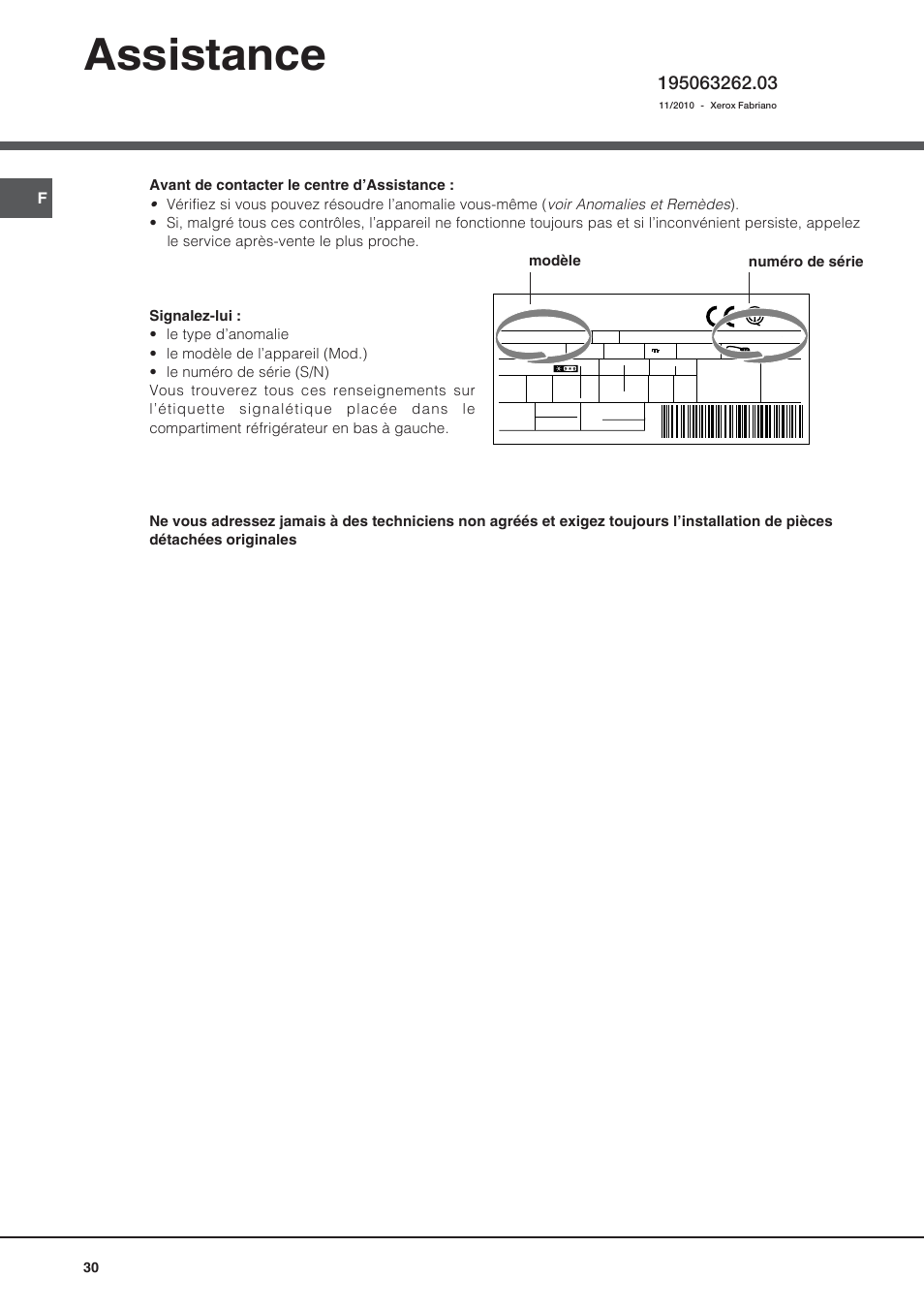 Assistance, Modèle numéro de série | Ariston BMBL 2022 User Manual | Page 30 / 52