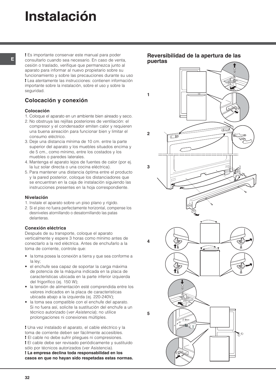 Instalación, Colocación y conexión, Reversibilidad de la apertura de las puertas | Ariston BMBL 2022 User Manual | Page 32 / 52