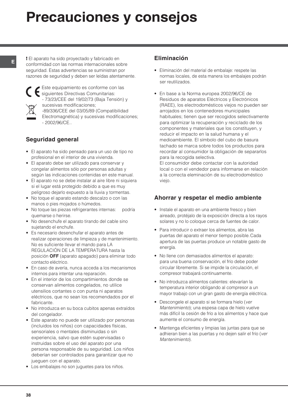 Precauciones y consejos | Ariston BMBL 2022 User Manual | Page 38 / 52