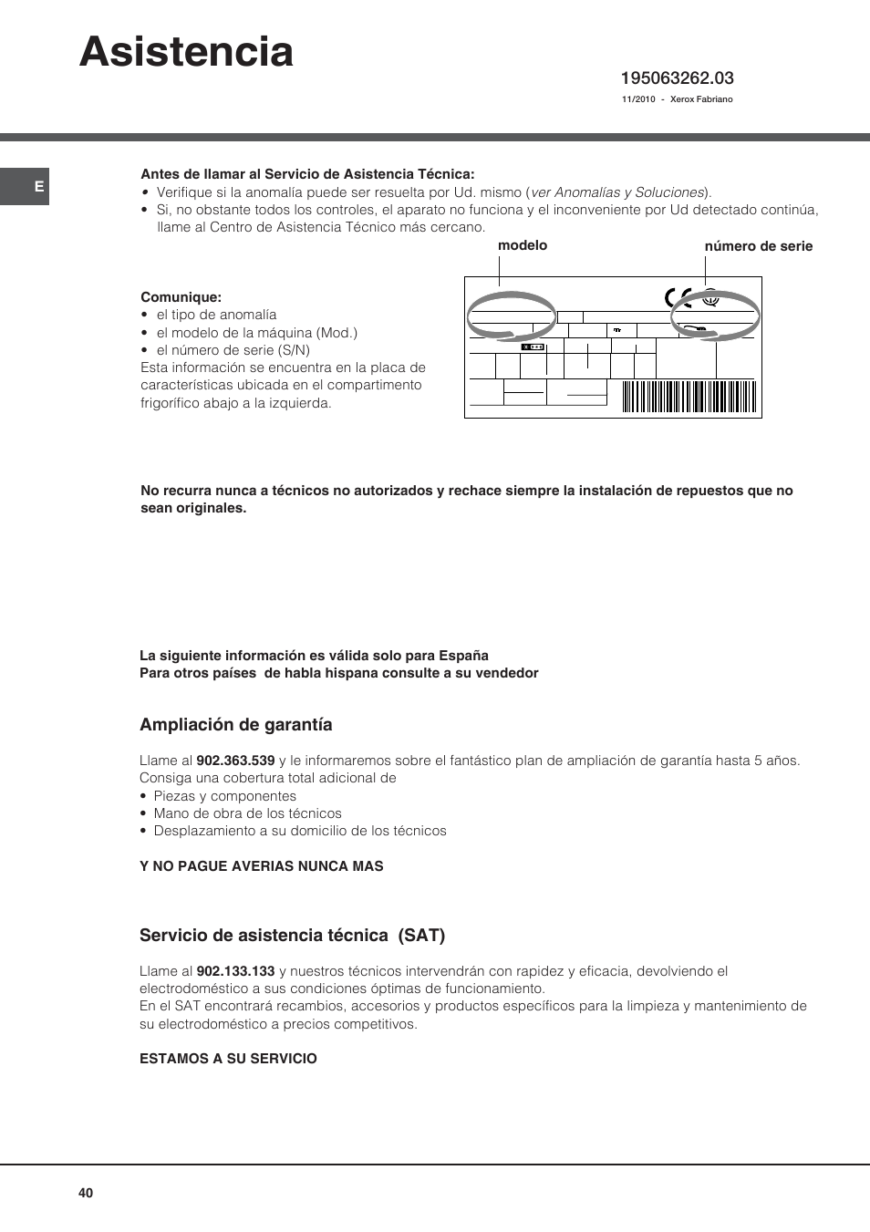 Asistencia, Ampliación de garantía, Servicio de asistencia técnica (sat) | Ariston BMBL 2022 User Manual | Page 40 / 52