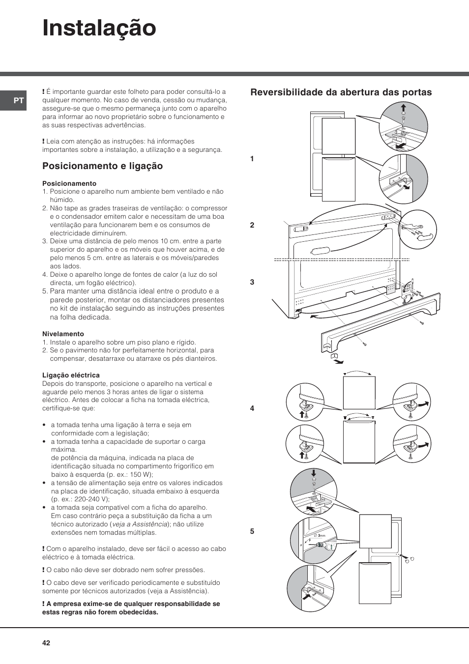 Instalação, Posicionamento e ligação, Reversibilidade da abertura das portas | Ariston BMBL 2022 User Manual | Page 42 / 52