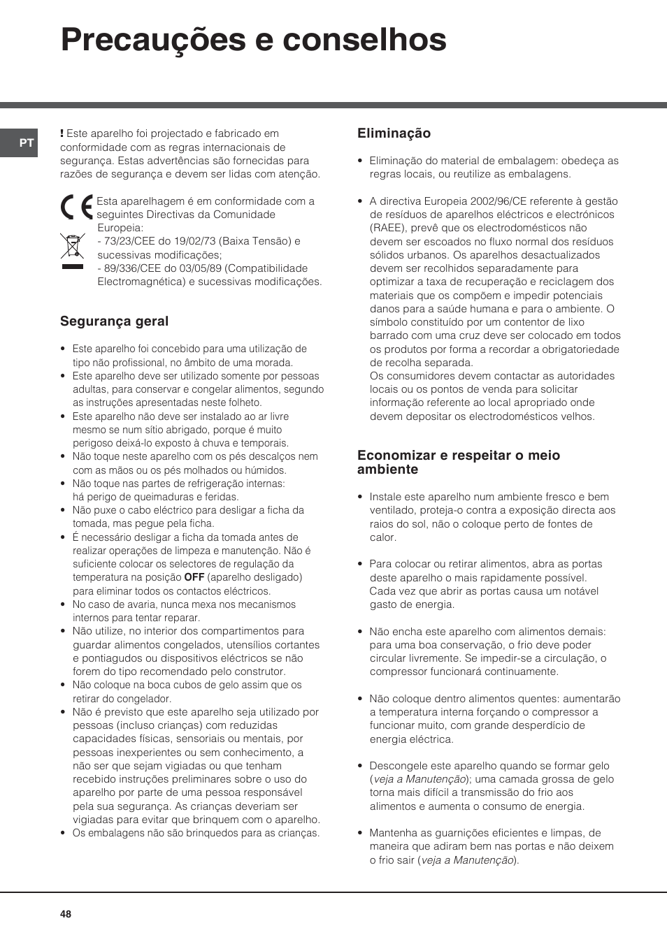 Precauções e conselhos | Ariston BMBL 2022 User Manual | Page 48 / 52