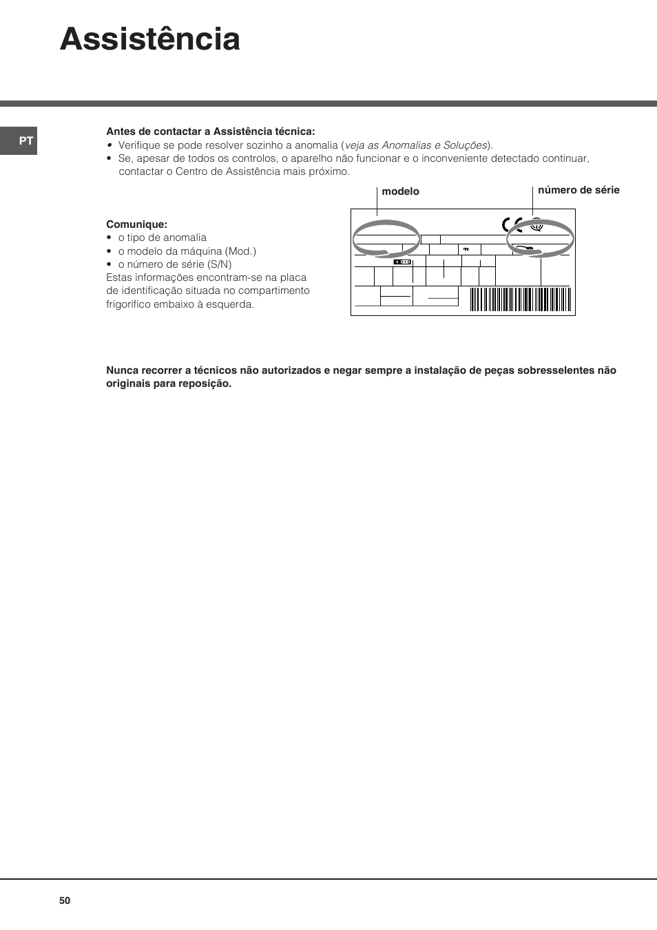 Assistência, Modelo número de série | Ariston BMBL 2022 User Manual | Page 50 / 52