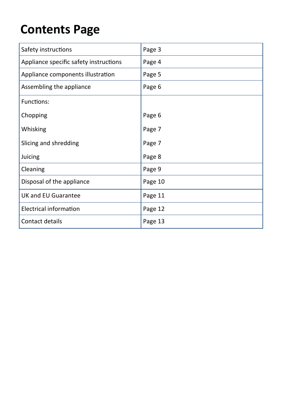 Contents page | Andrew James AJ000145 Food Processor User Manual | Page 2 / 13